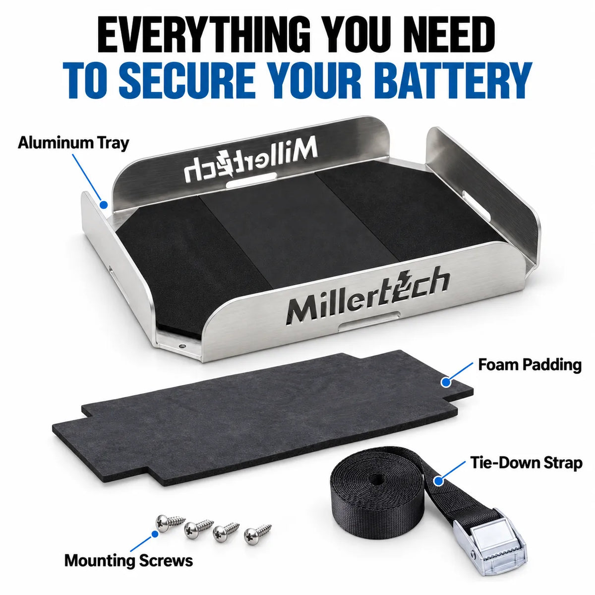 Millertech Heavy-Duty Aluminum Battery Tray – Fits 36V 105Ah & 12V 300Ah