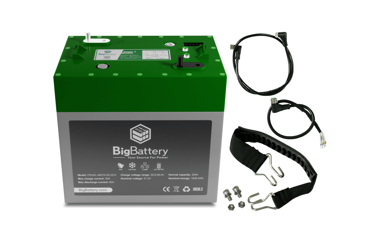 BigBattery 48V Lithium Golf Cart Battery Kit and accessories front view