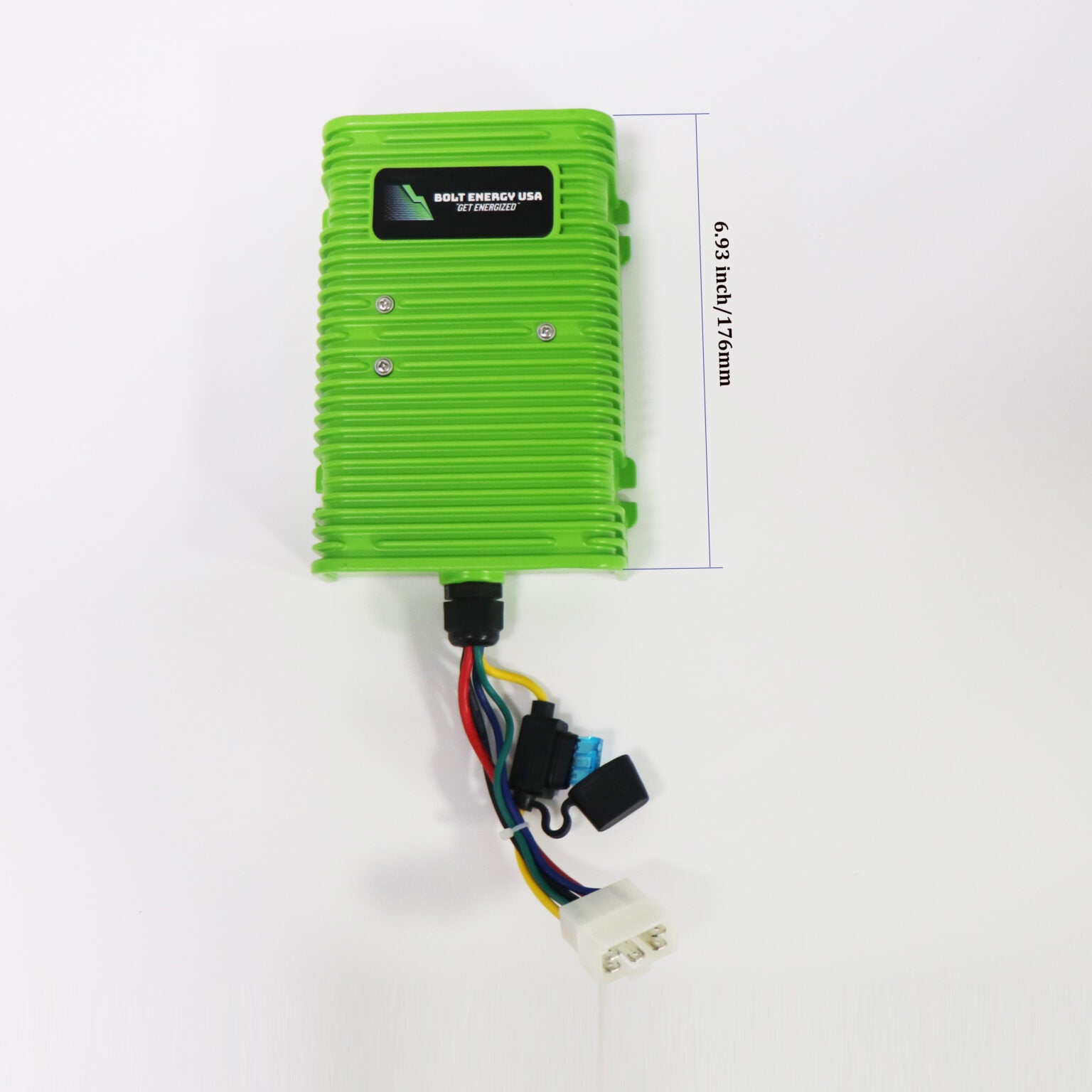 Bolt Voltage Reducer device with wiring on a white background
