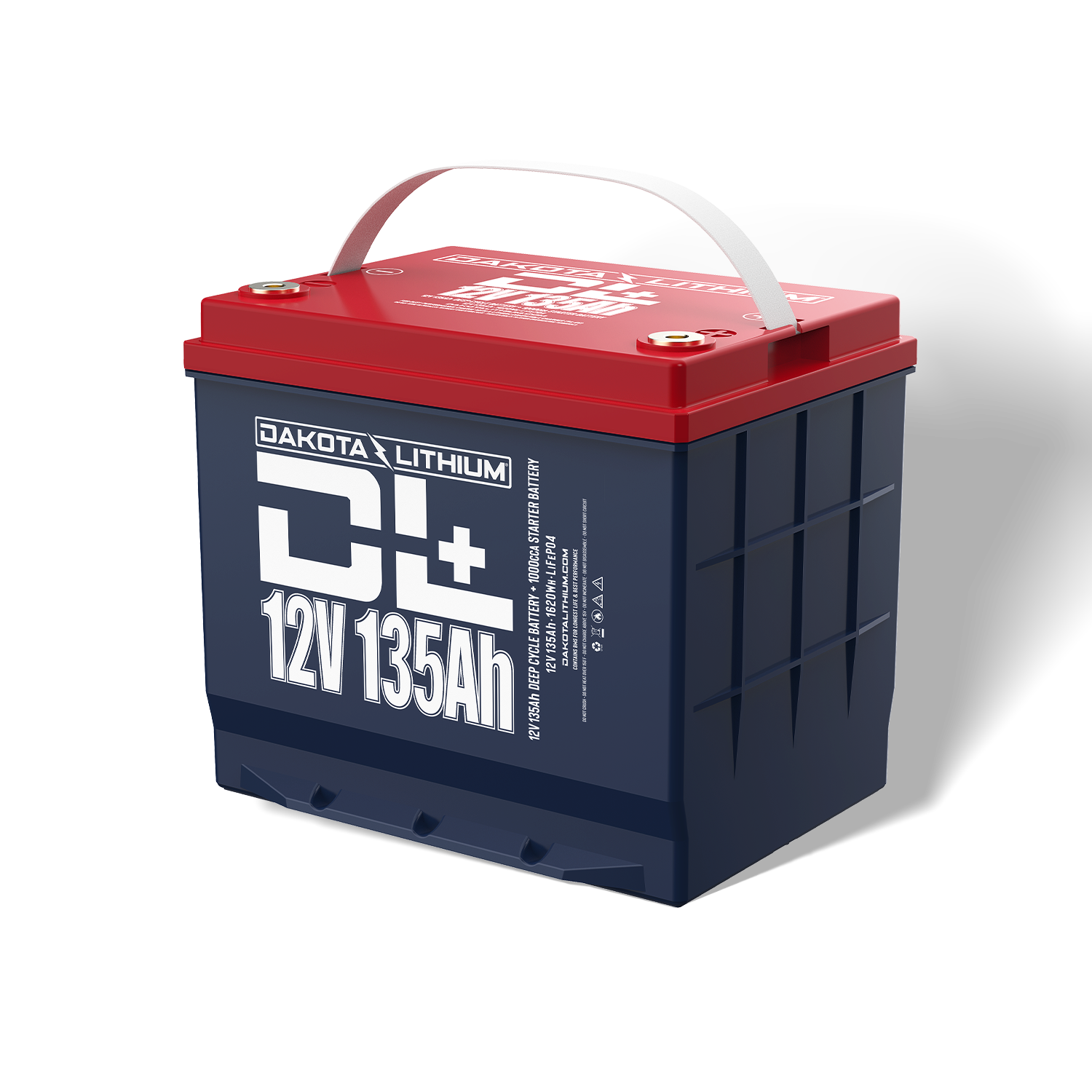 Dakota Lithium battery with red top and blue body on a white background