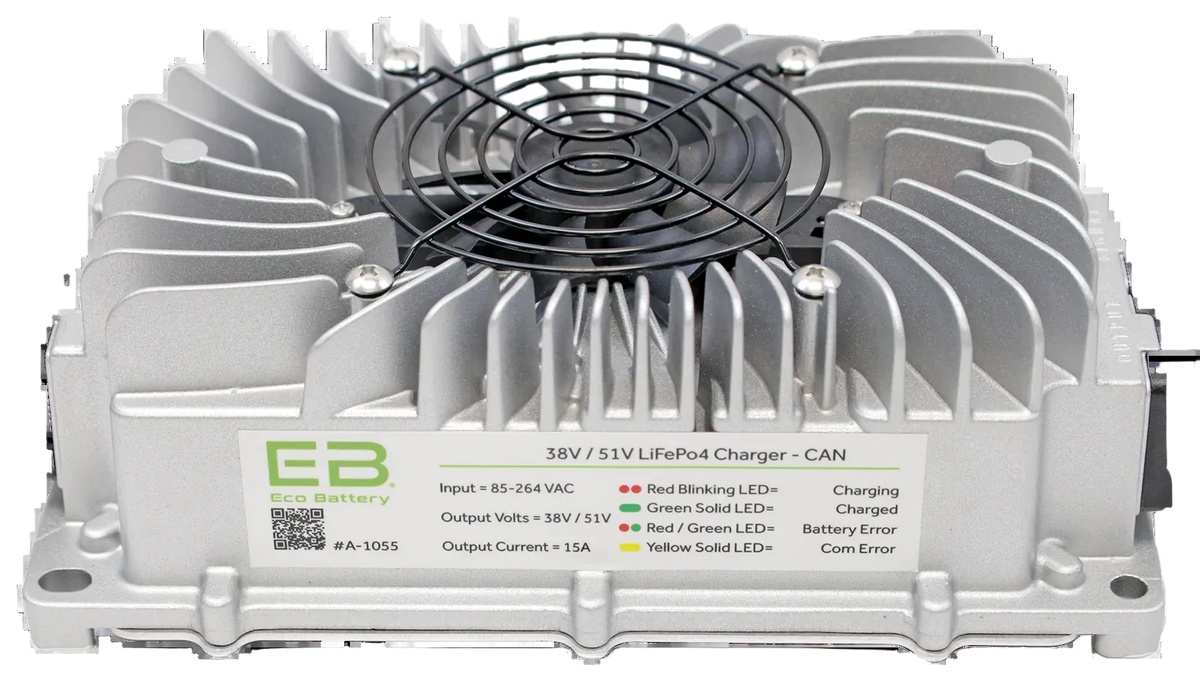 Eco Battery charger with cooling fan and label on a white background