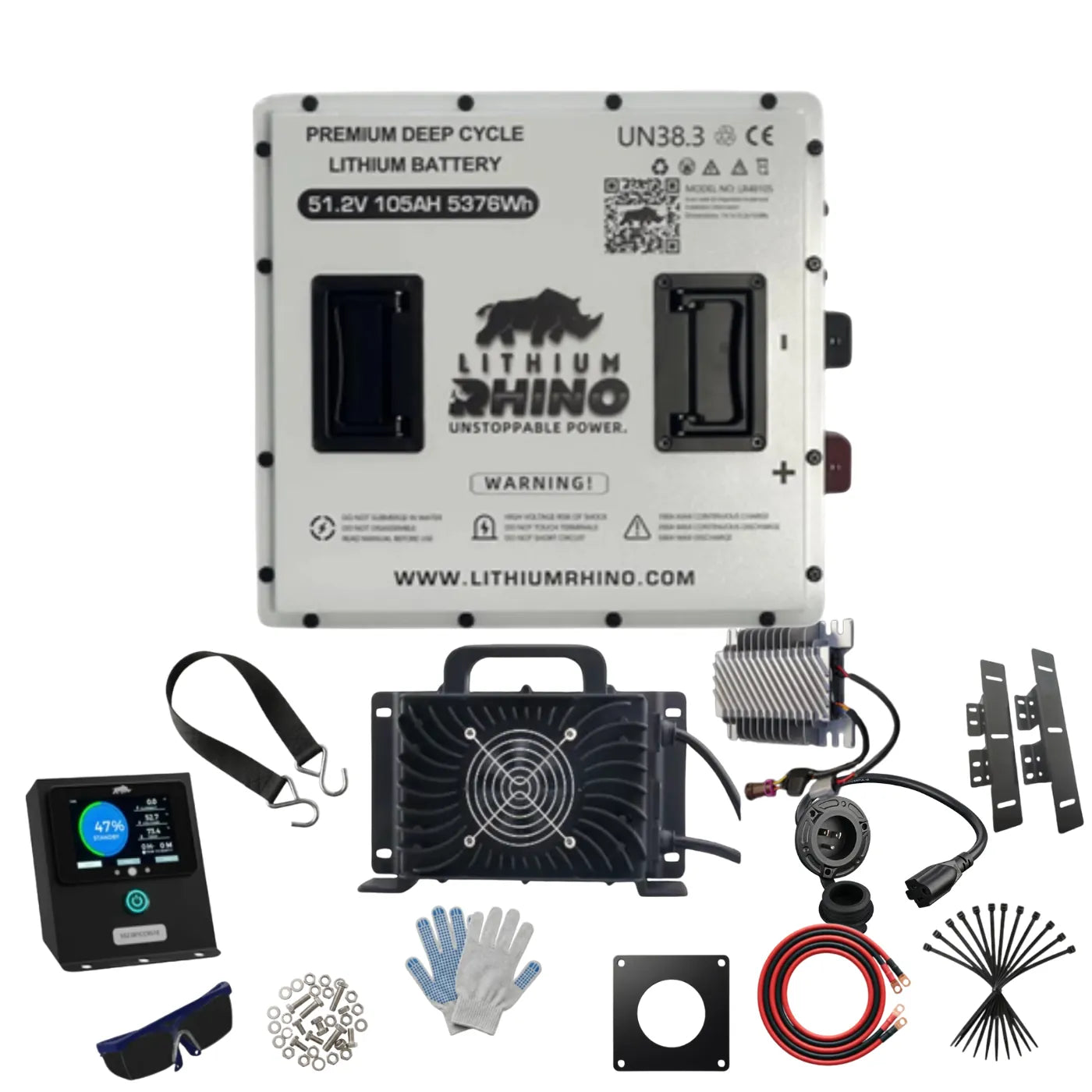 Lithium Rhino premium deep cycle lithium battery kit with a 51.2V 105Ah 537Wh battery, controller, cooling fan, heat sink, mounting brackets, gloves, and accessories on a white background.