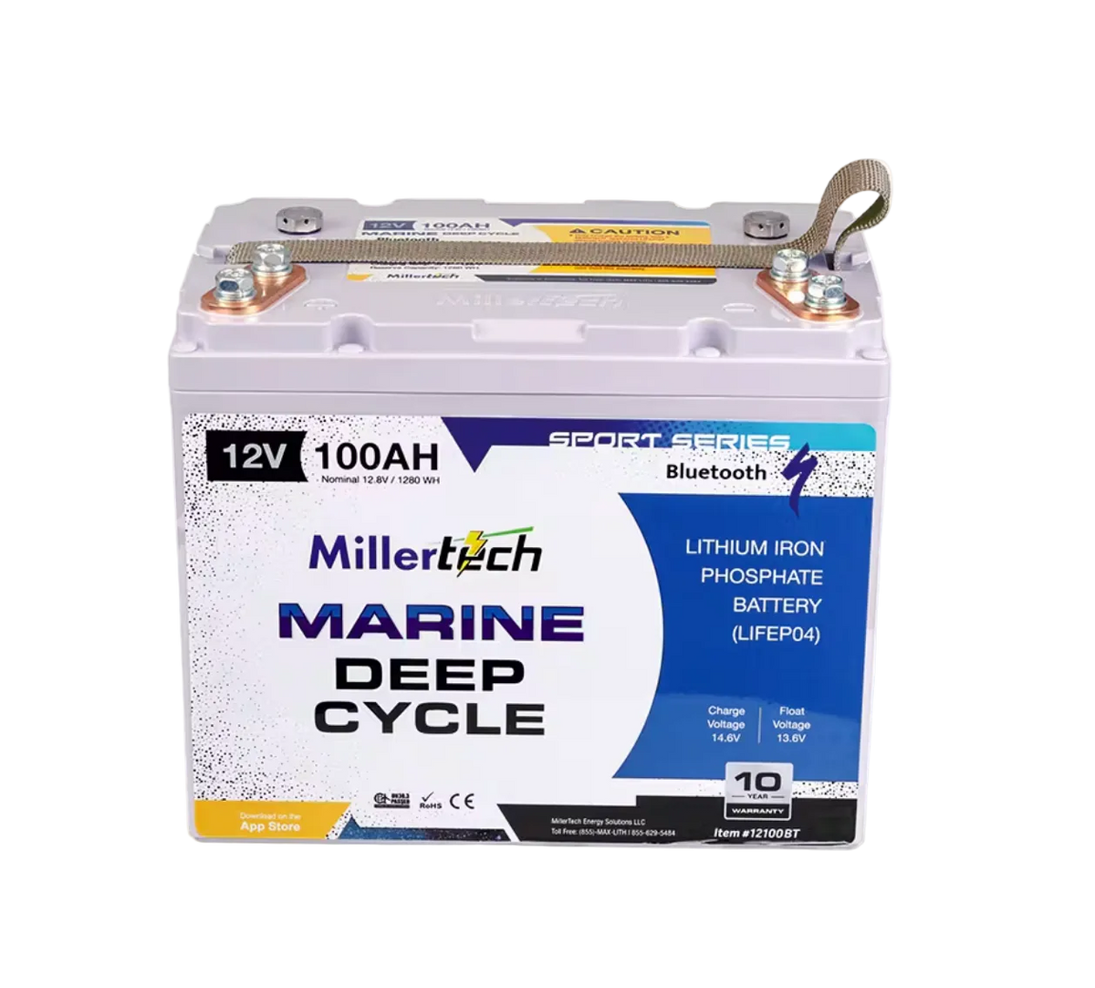 A MillerTech Marine Deep Cycle lithium iron phosphate battery, 12V 100AH, shown on a clean white background. The battery features a white casing with a blue and white label, and a gray strap attached to the top terminals.
