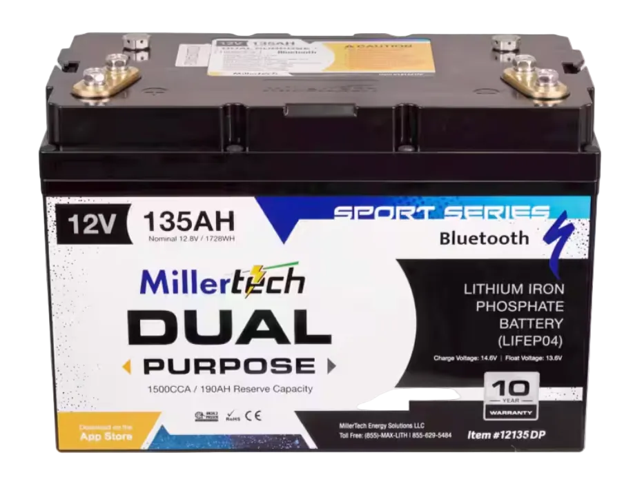 A MillerTech Dual Purpose 12V 135AH lithium iron phosphate battery, classified as Product/Packaging. The battery has a black plastic casing with a white, blue, and yellow printed label.