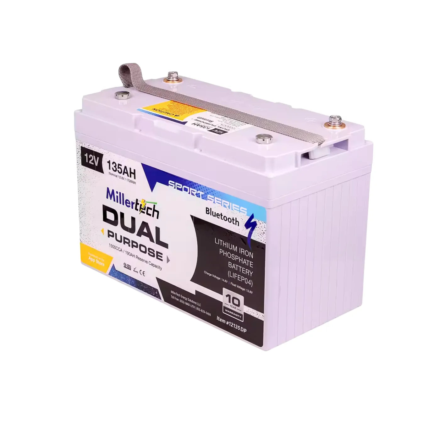 A Millertech Dual Purpose 12V lithium iron phosphate battery with a light lavender-purple casing, a black and white label, and a metal terminal handle on top, set against a plain white background.