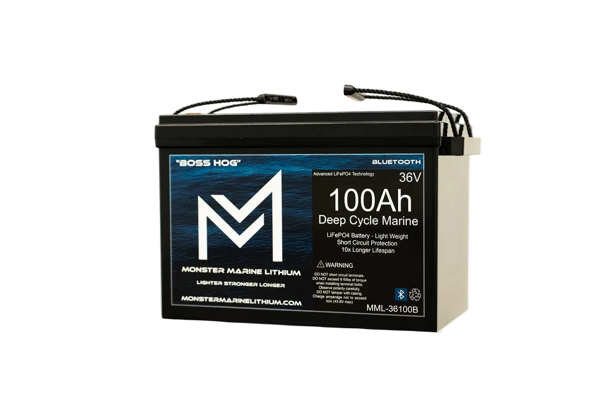 A Monster Marine Lithium 100Ah 36V deep cycle marine battery with a black top and side, and a blue and black label, shown on a white background.