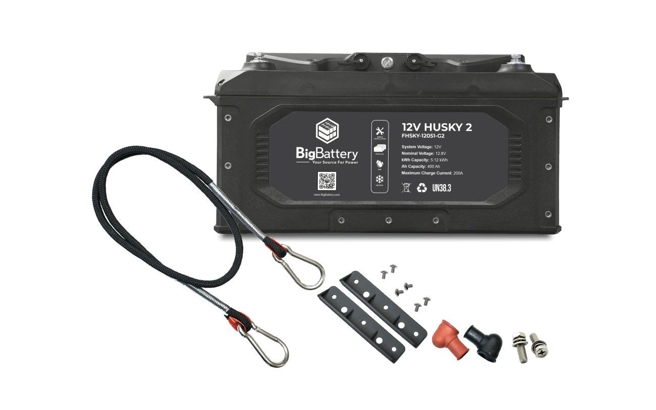 12V Husky 2 battery with accessories on a white background