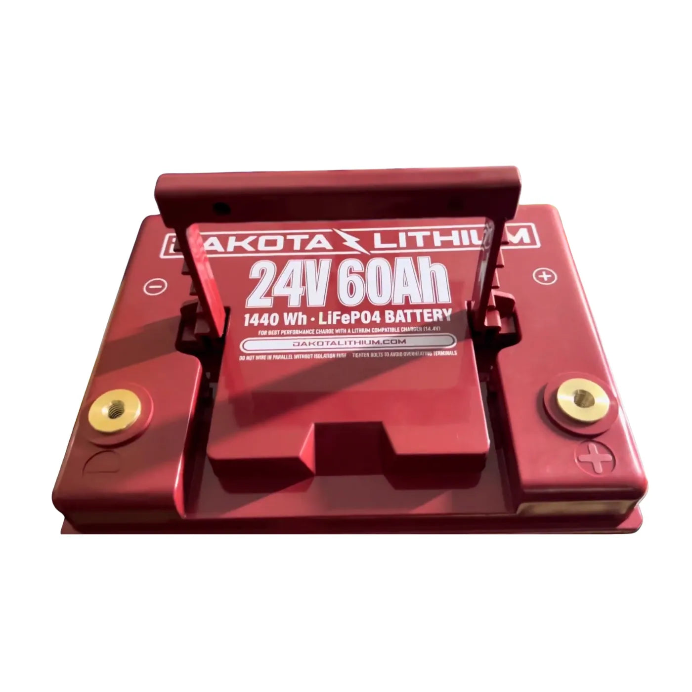 A red Akota Lithium 24V 60Ah 1440 Wh LifePO4 battery with gold-colored terminal screws on a white background.