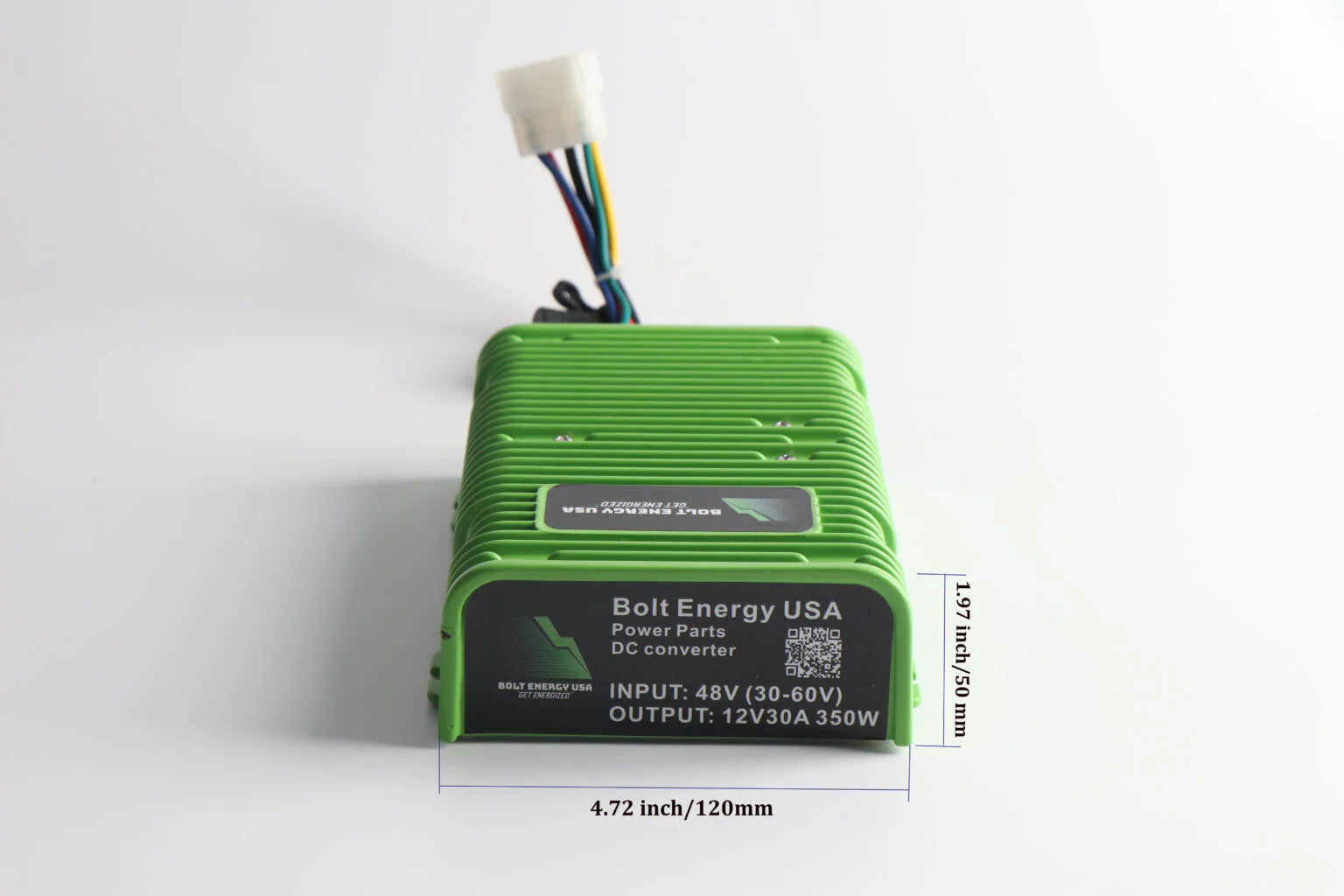 Green DC converter with visible branding on a white background