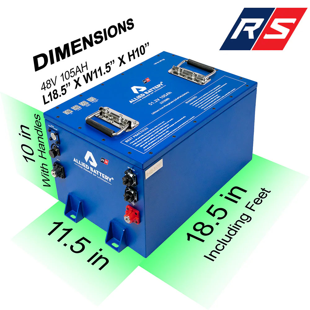 Blue battery with dimensions labeled on a white background, featuring the RS logo.
