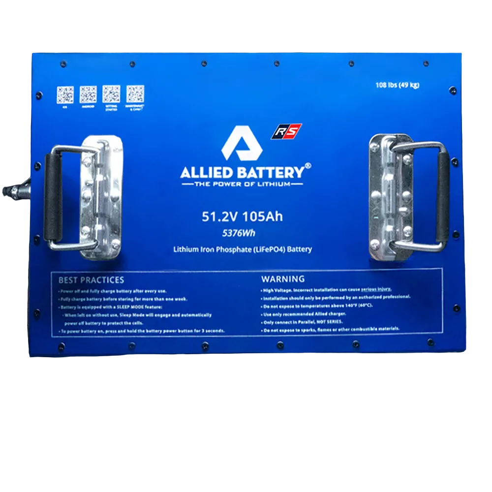 Blue Allied Battery lithium iron phosphate battery with specifications on a dark background