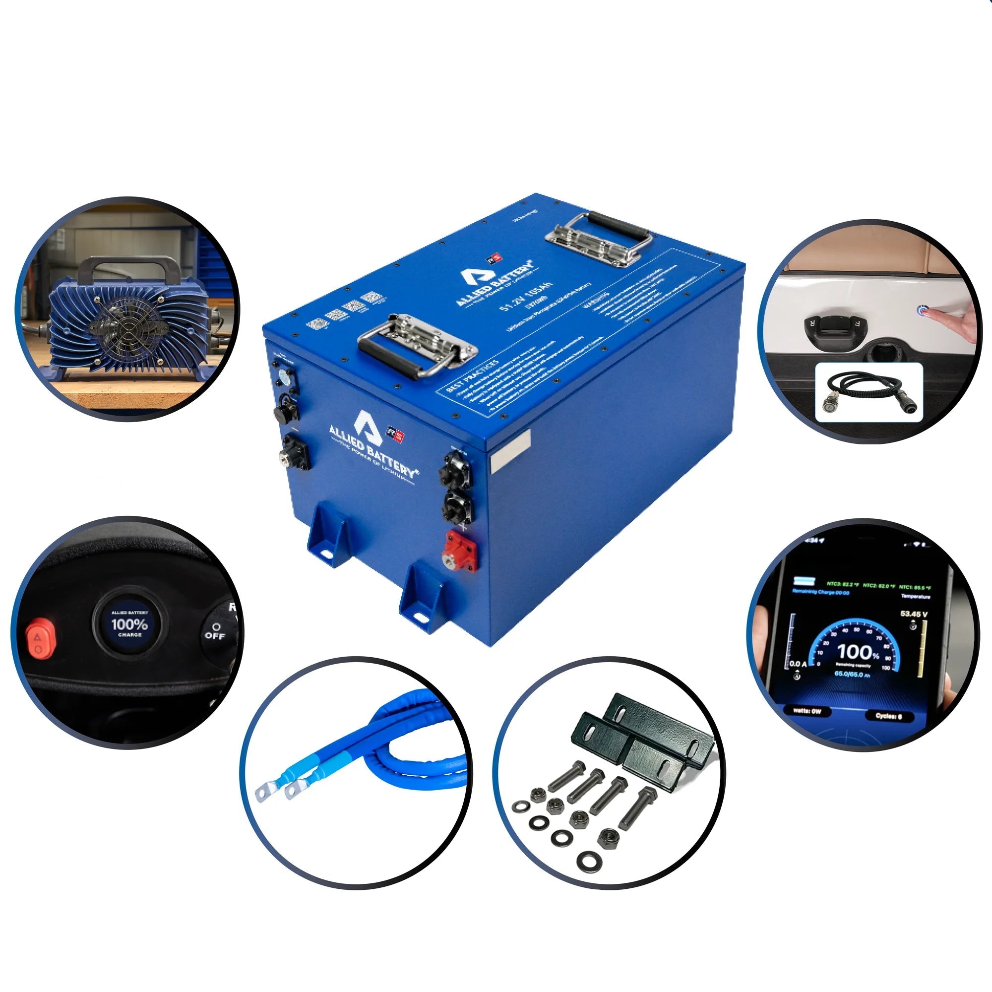 Blue Allied Battery product with features listed on a white background