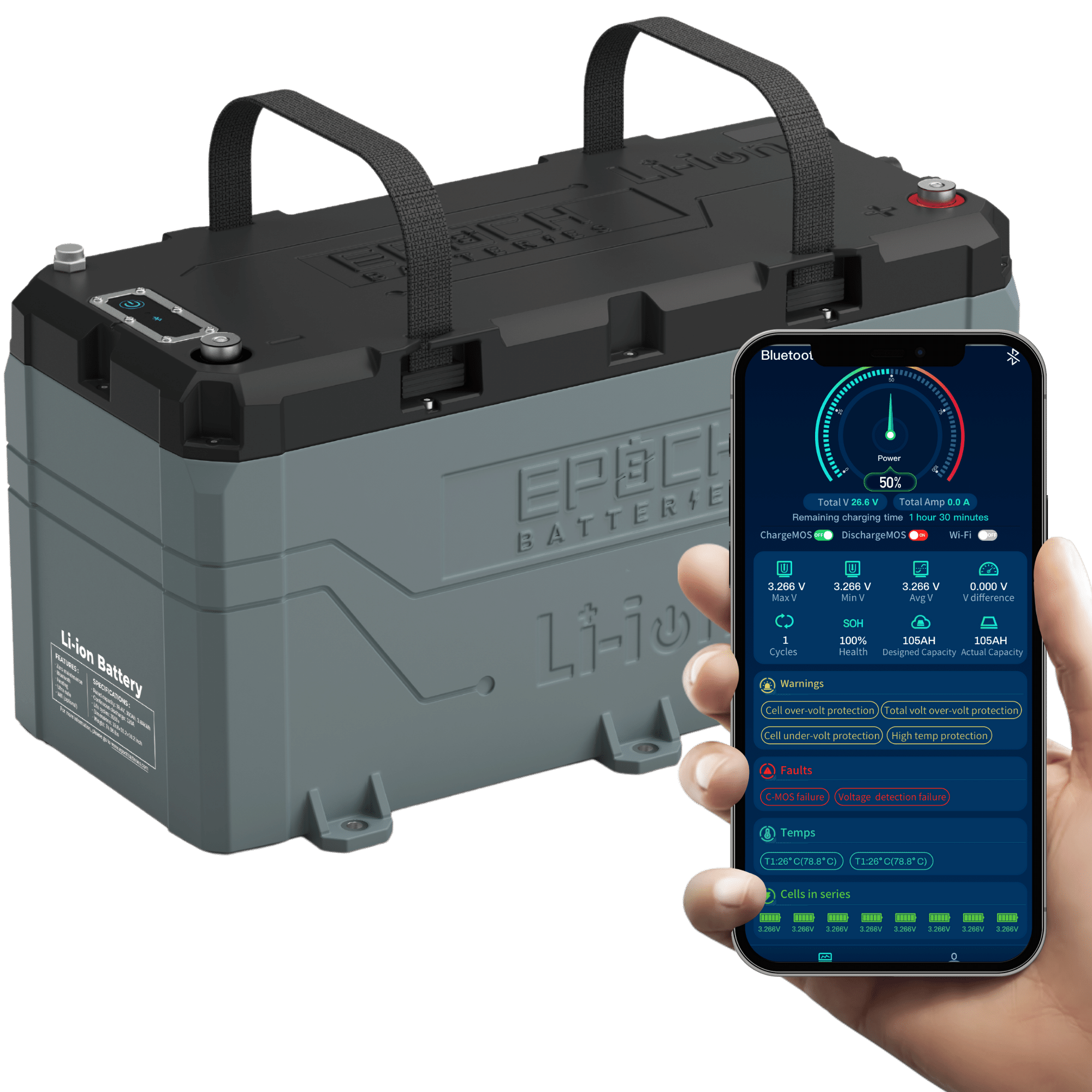 Epoch 36V 100Ah LiFePO4 Lithium Battery | Bluetooth, Heated, Waterproof for Golf Carts, Trolling Motors, Marine & RV