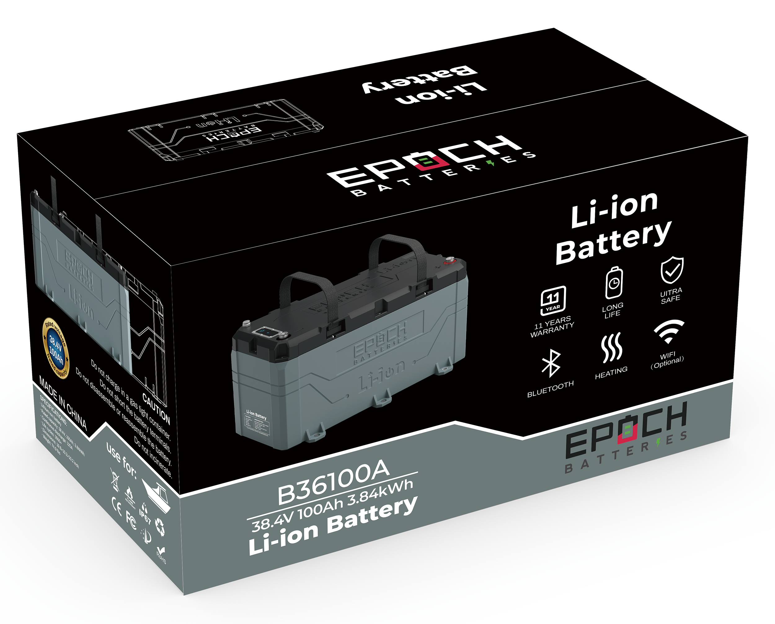 Epoch 36V 100Ah LiFePO4 Lithium Battery | Bluetooth, Heated, Waterproof for Golf Carts, Trolling Motors, Marine & RV