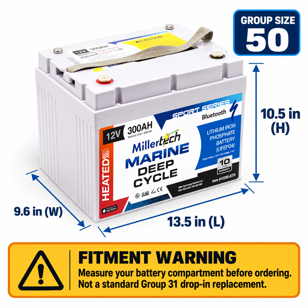 MillerTech 12V 300Ah Heated Marine Lithium Battery – Bluetooth LiFePO4 - Deep Cycle