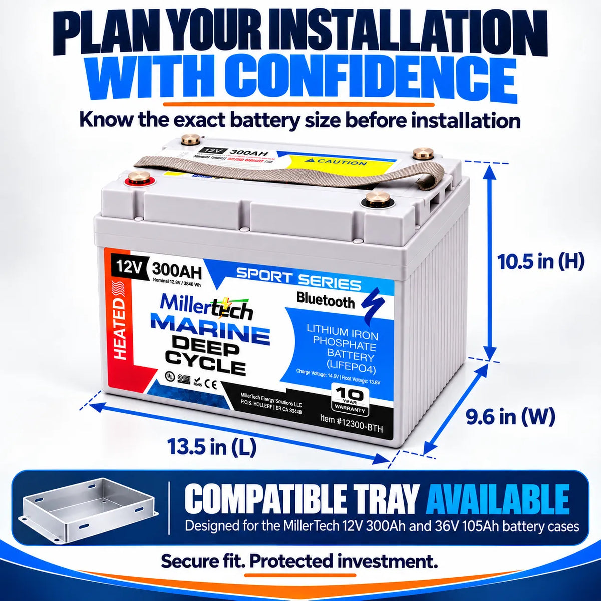 MillerTech 12V 300Ah Heated Marine Lithium Battery – Bluetooth LiFePO4 - Deep Cycle