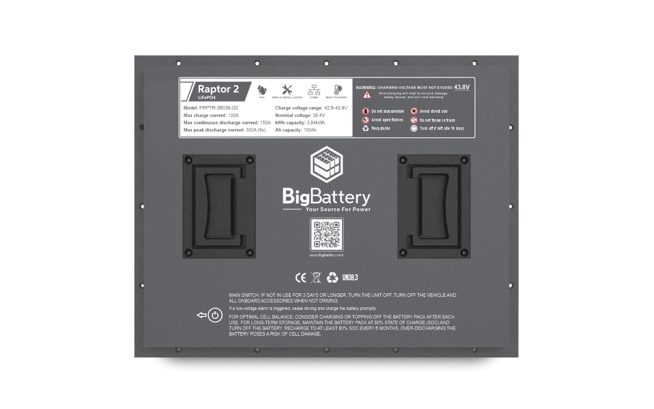 BigBattery 36V Lithium Golf Cart Battery RAPTOR 2 - 3.84kWh LiFePO4 Battery Specifications view