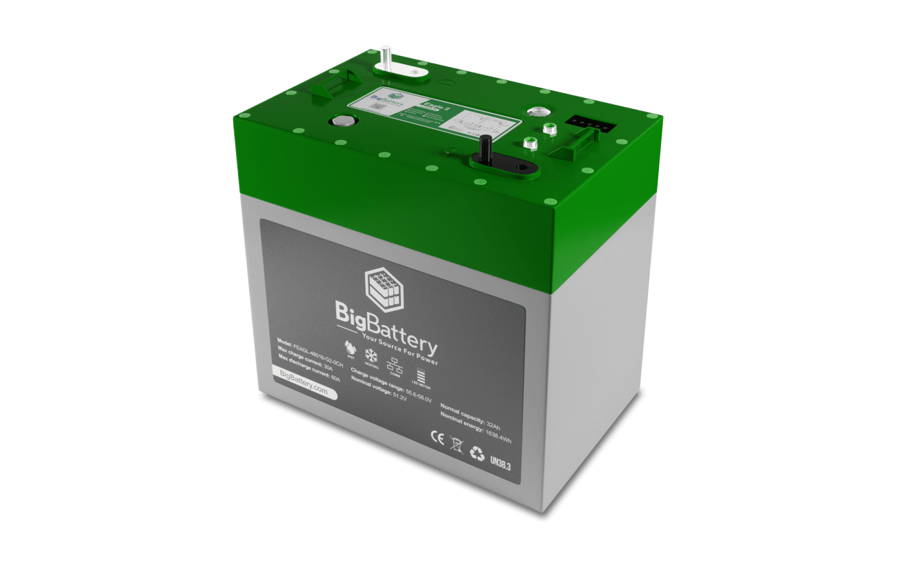 BigBattery 48V Lithium Golf Cart Battery - EAGLE 2 LiFePO4 32Ah Battery Right side View