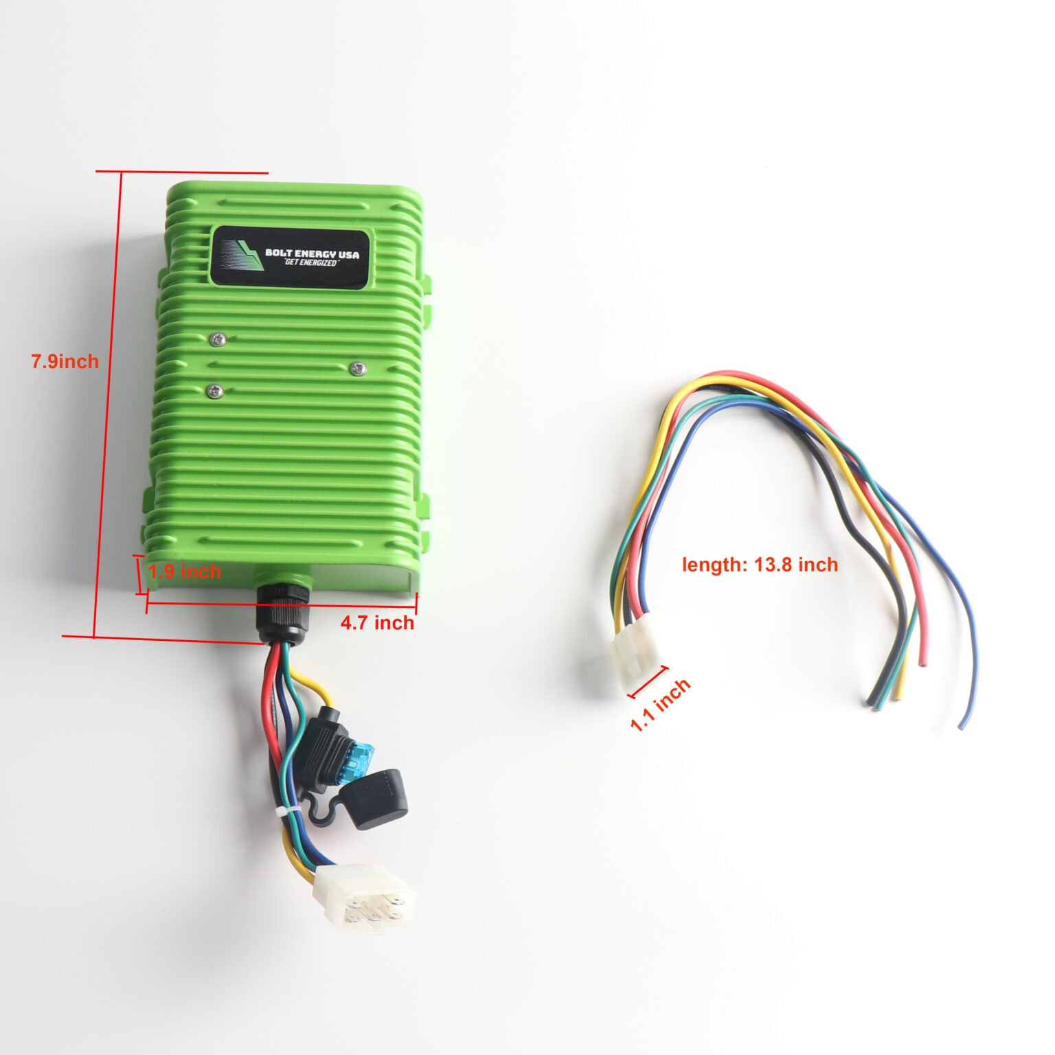 Voltage Reducer device with wiring, showing dimensions on a white background