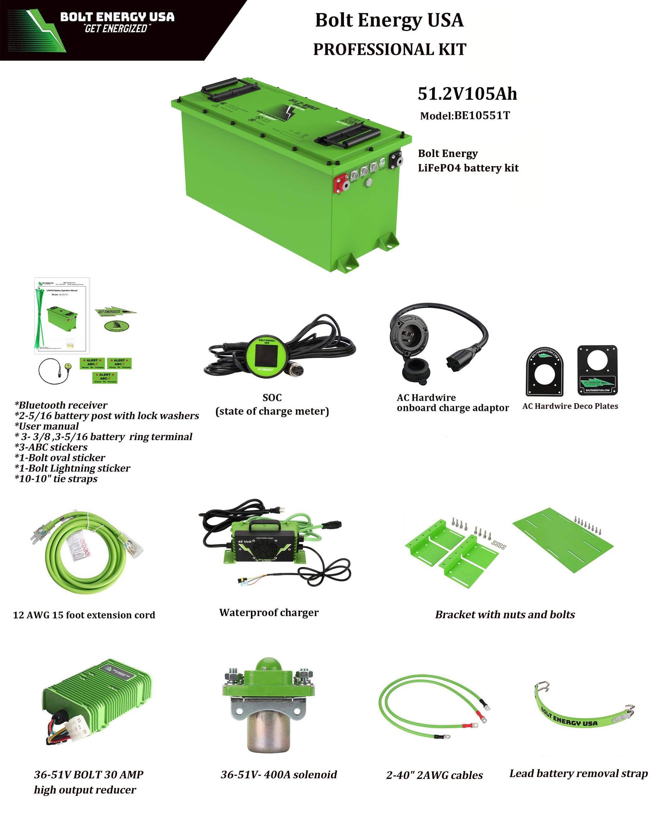 Bolt Energy 48V Lithium Golf Cart Battery Professional Kit - 105AH "THIN" Items included