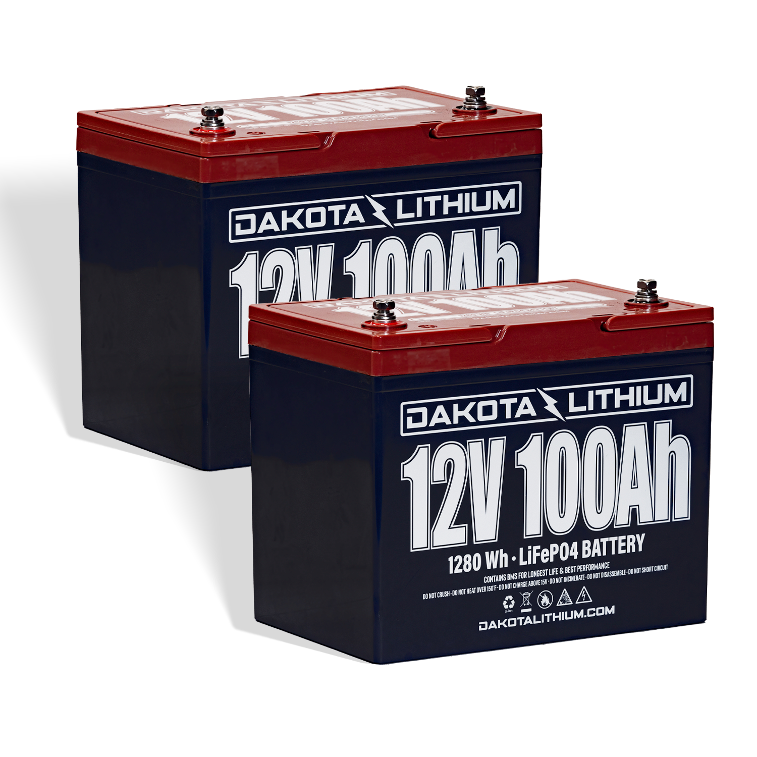 Two Dakota Lithium batteries on a white background