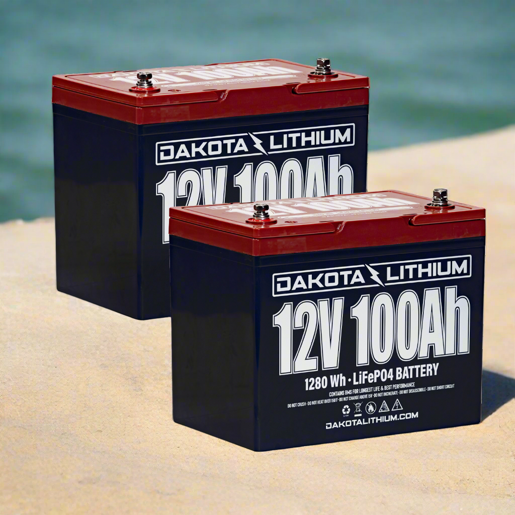 Two Dakota Lithium batteries for trolling on a sandy surface with water in the background