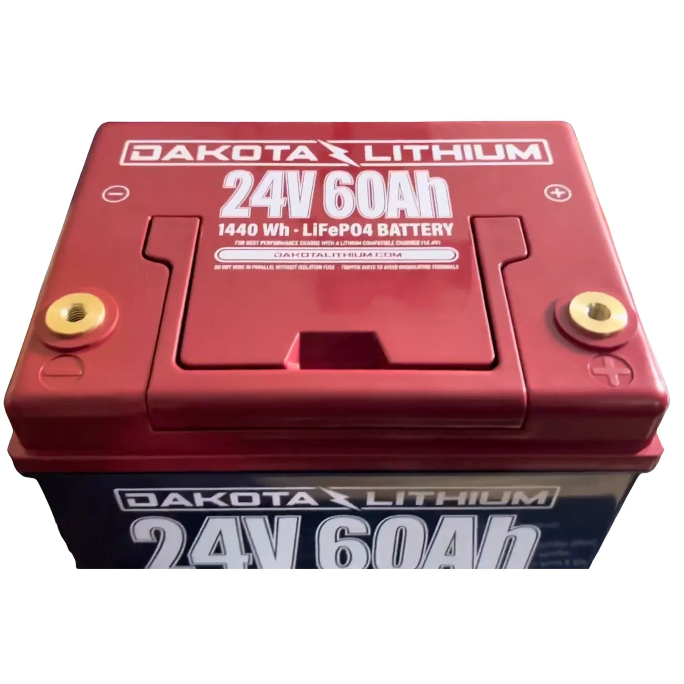 A red and black Dakota Lithium 24V 60Ah lithium battery on a plain white background.