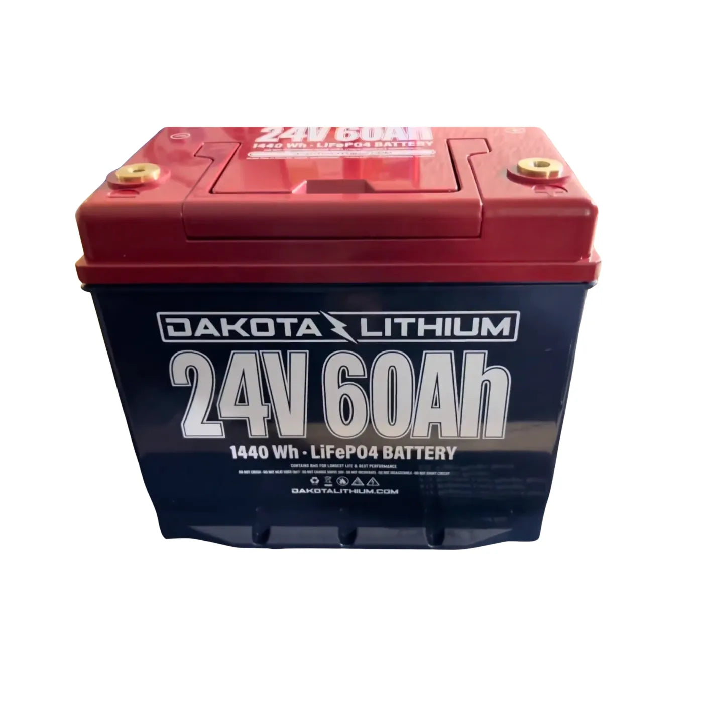 A Dakota Lithium 24V 60Ah lithium-ion battery with a dark blue body, red top cover, and gold terminal caps, shown against a plain white background.