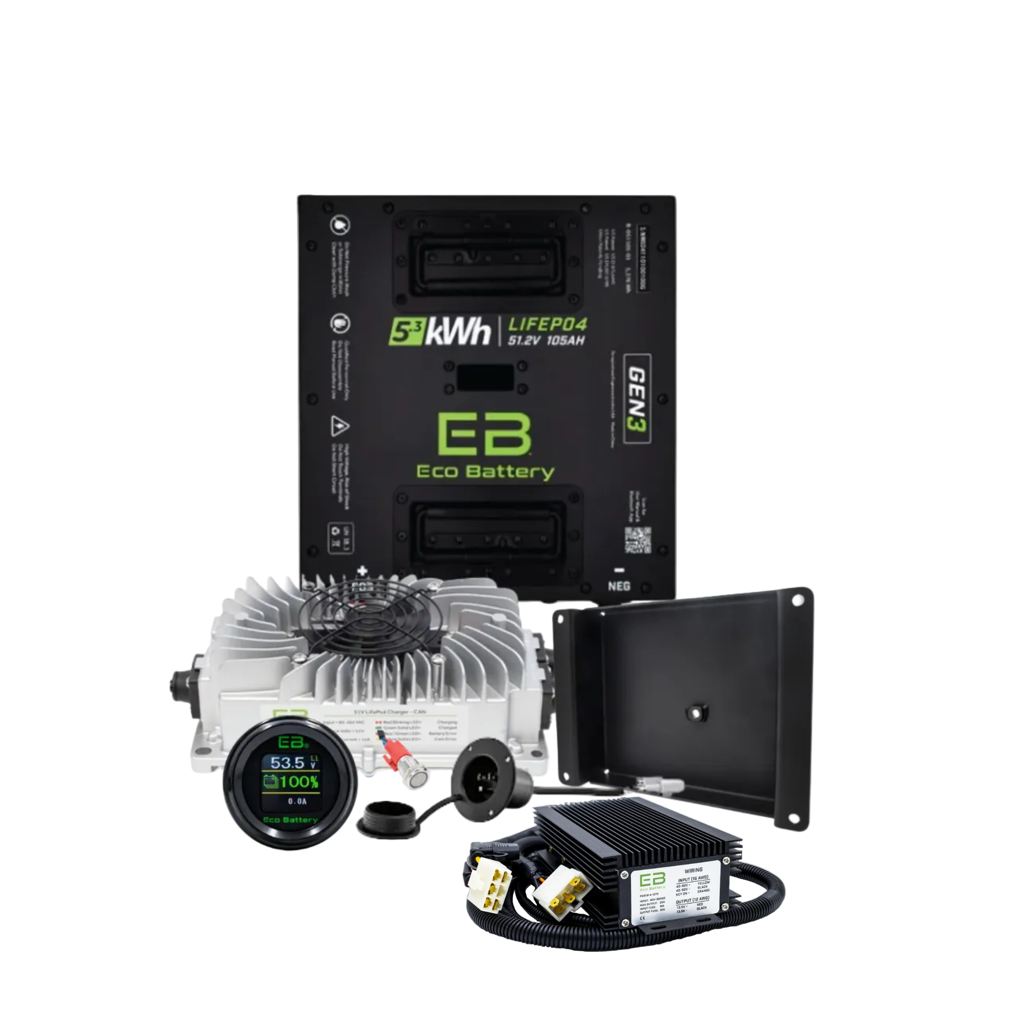 Eco Battery system with various components on a white background
