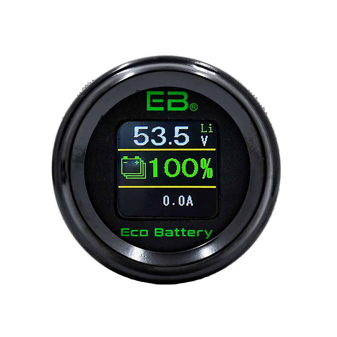 Digital battery monitor with green display on a white background