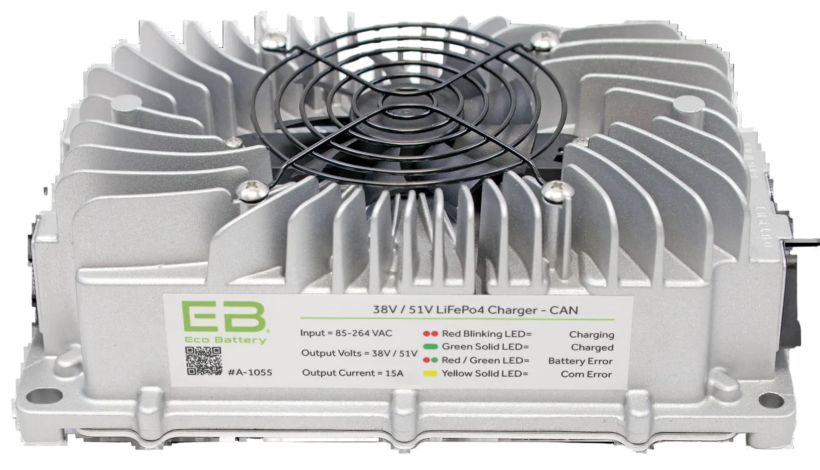 Eco Battery charger with cooling fan and label on a white background