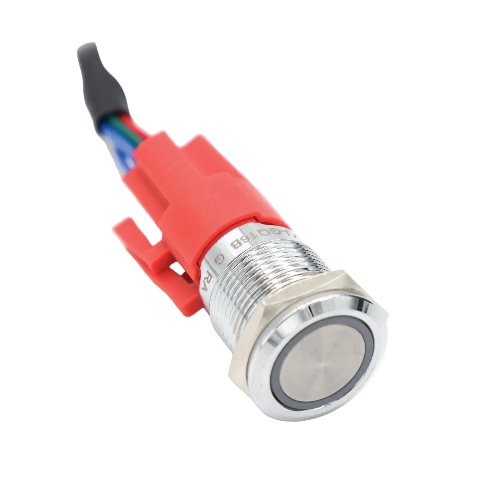 Metallic push button switch with red housing and wiring on a white background