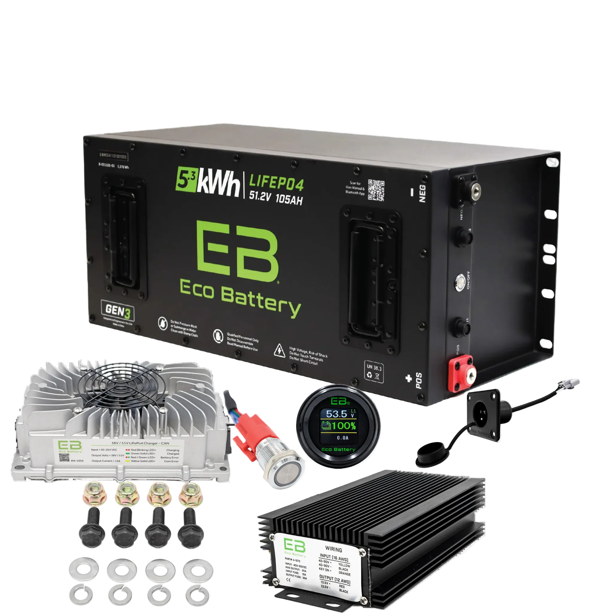 Eco Battery power system components on a white background