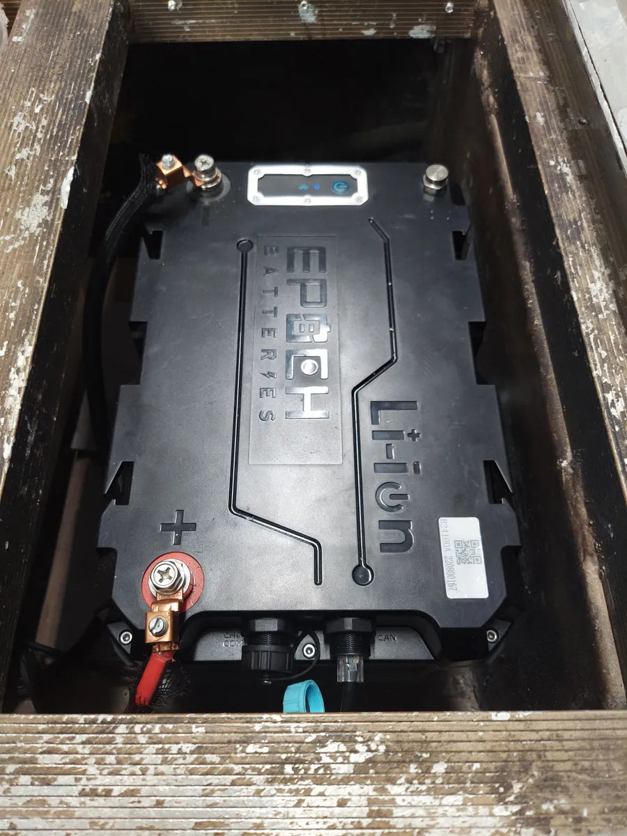 Epoch Lithium battery inside a wooden enclosure