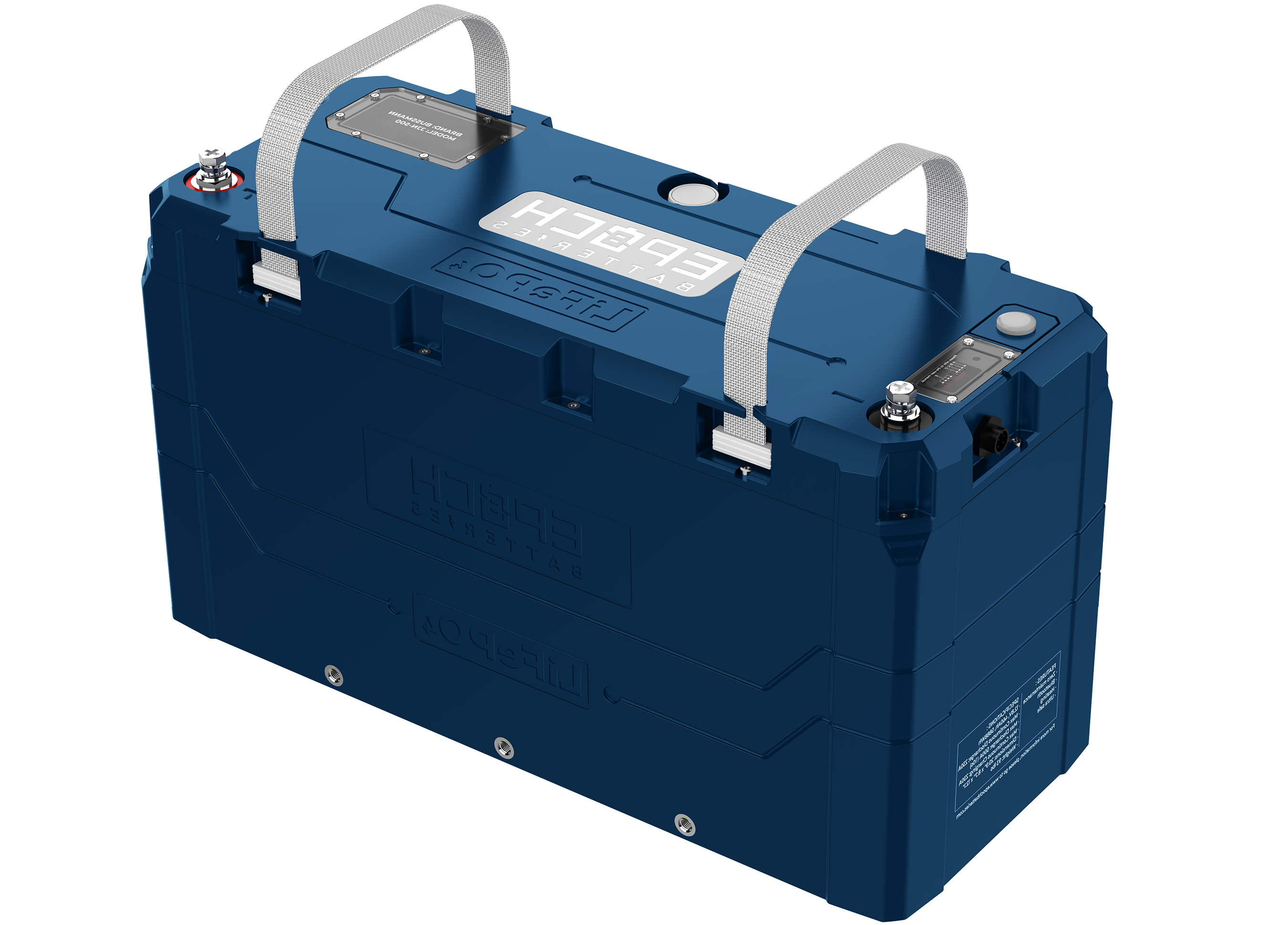 Epoch 460Ah V2-T Elite LiFePO4 Blue battery with carrying handles on a white background