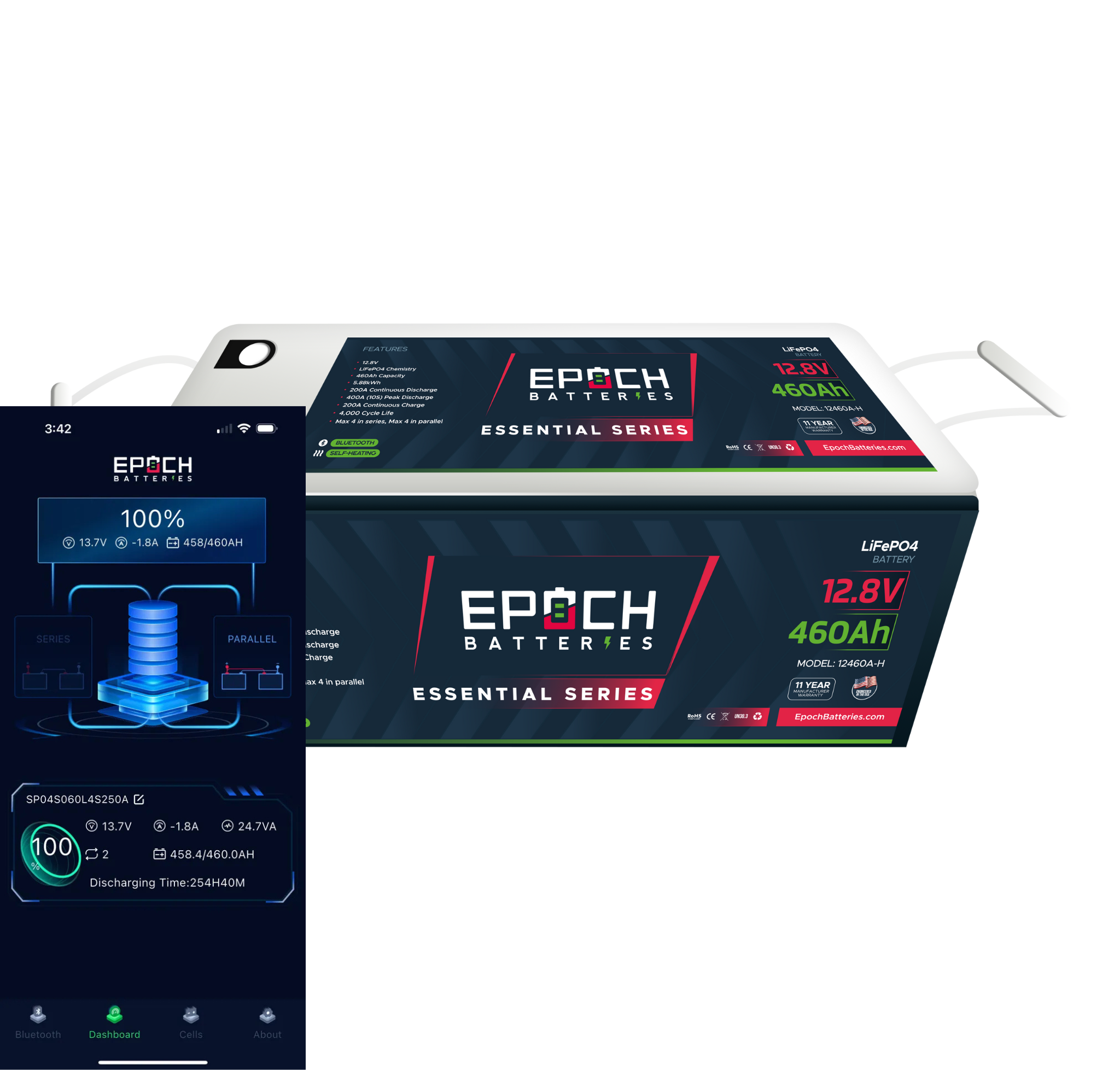 Epoch 12V 460ah Lithium Battery and the bluetooth monitoring app