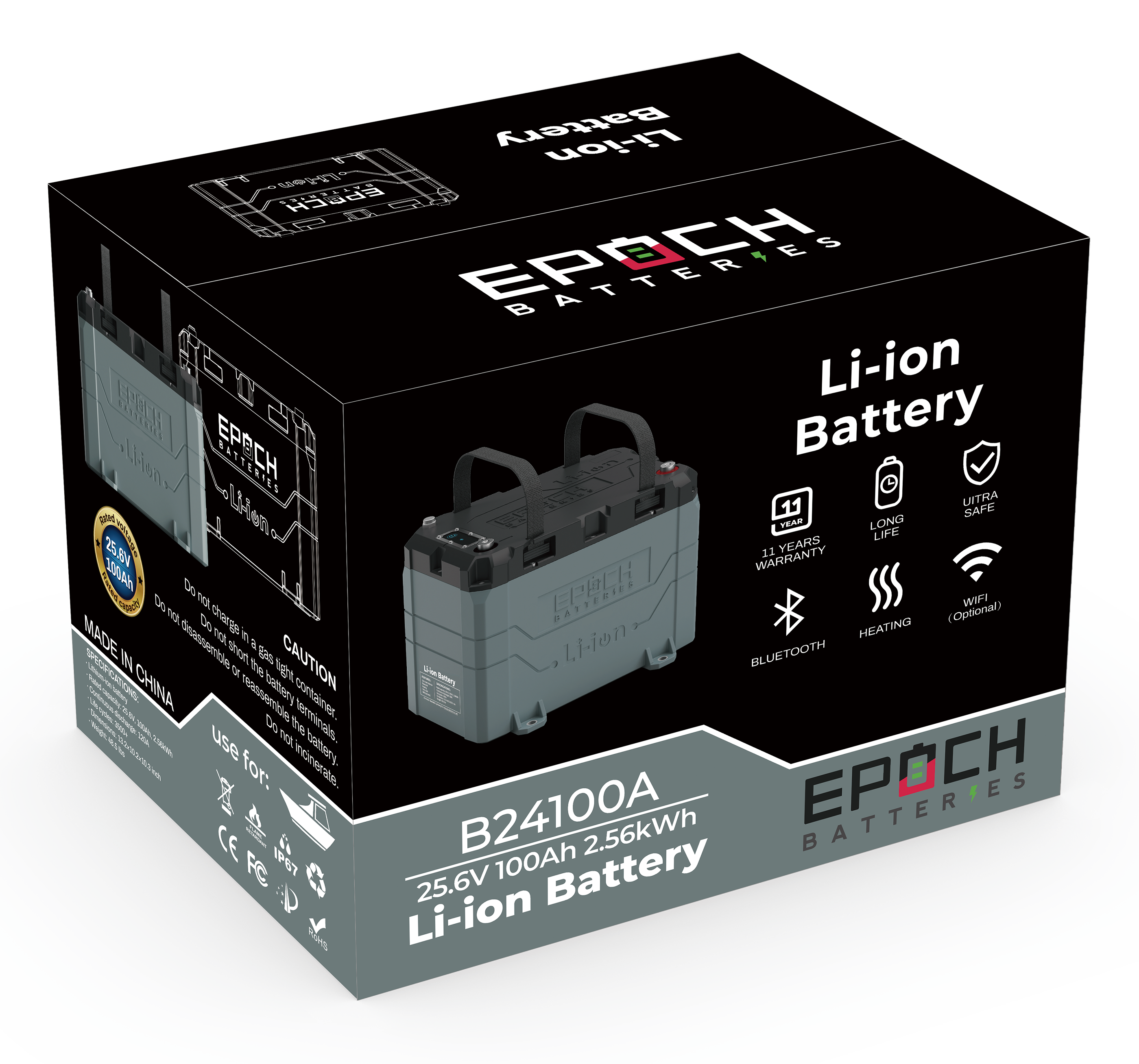 Epoch Batteries Li-ion battery packaging on a white background
