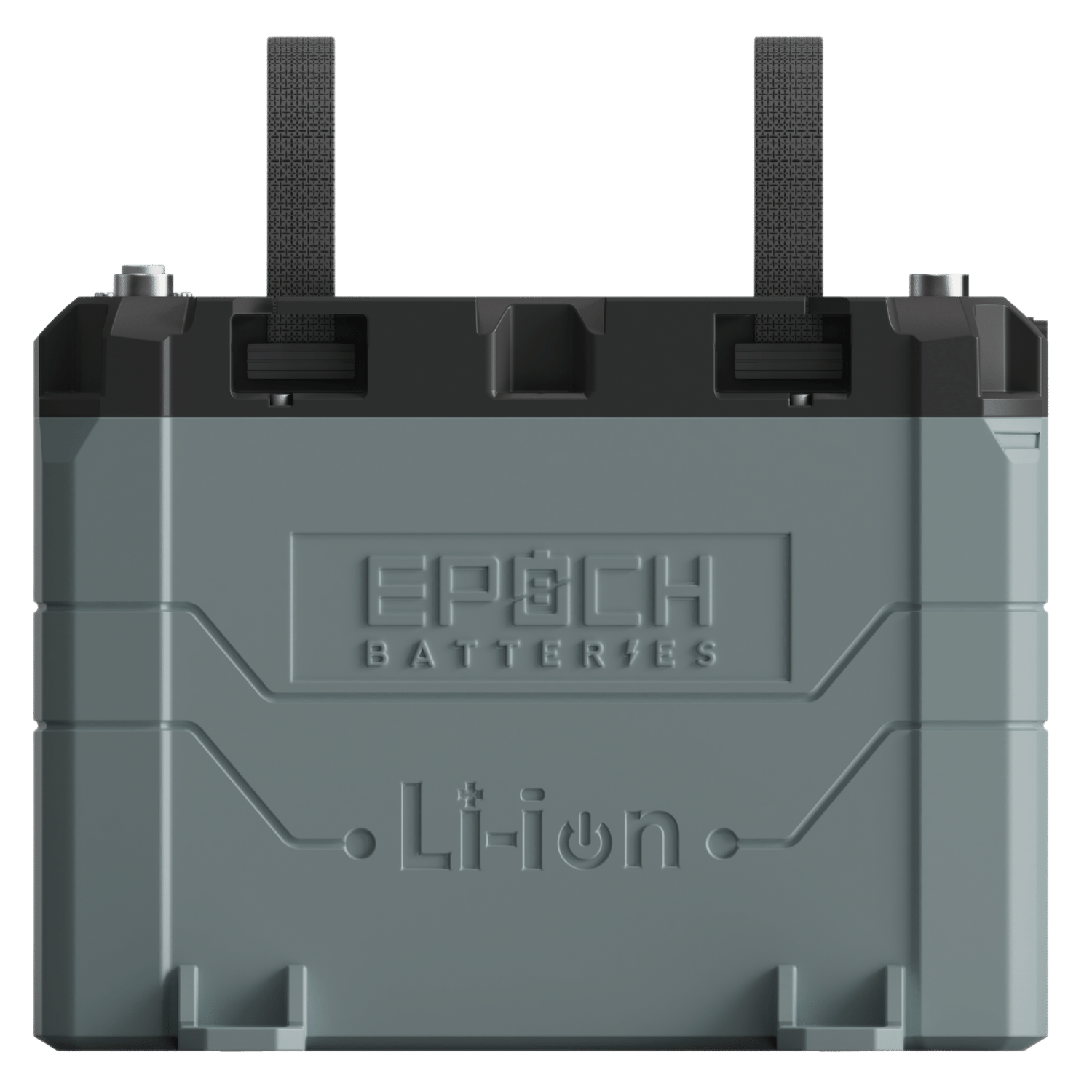 Gray lithium-ion battery with 'Epoch Batteries' branding on a blue background