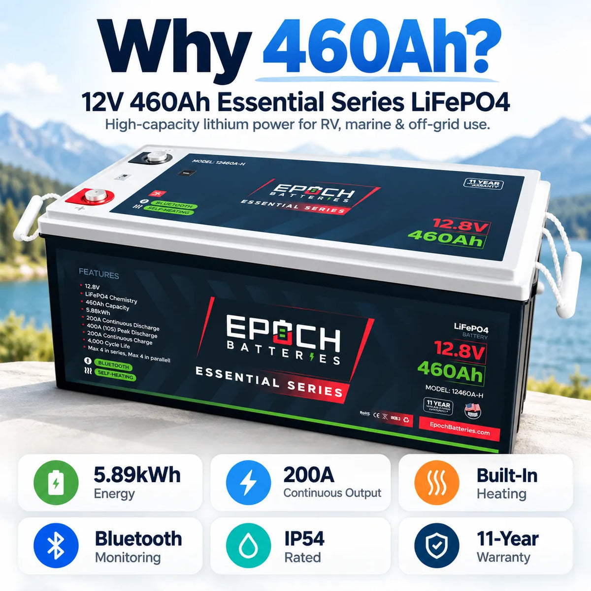 Epoch 12V 460Ah LiFePO4 Battery | Bluetooth Heated RV Marine | Essential Series