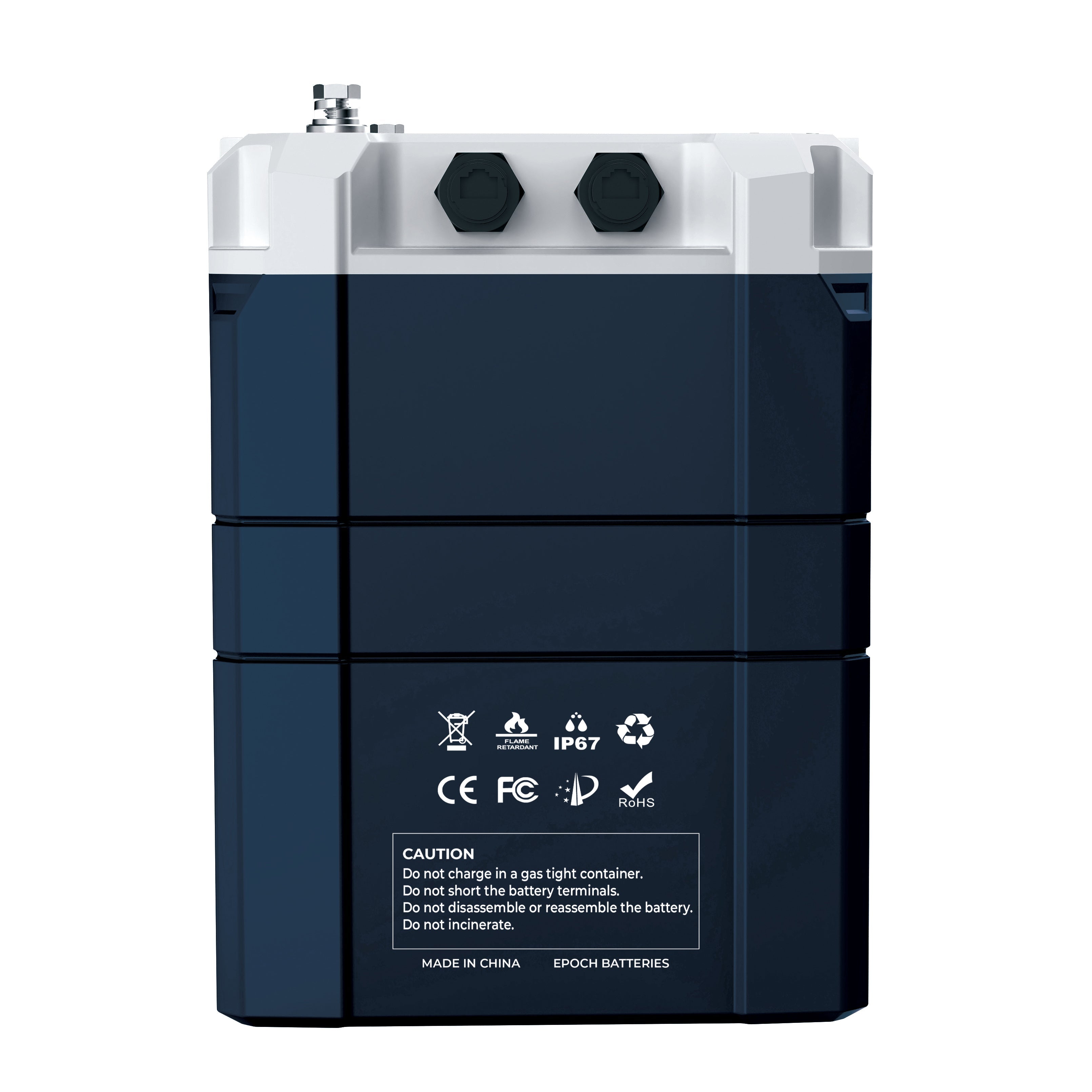 Epoch Blue battery with white top on a white background