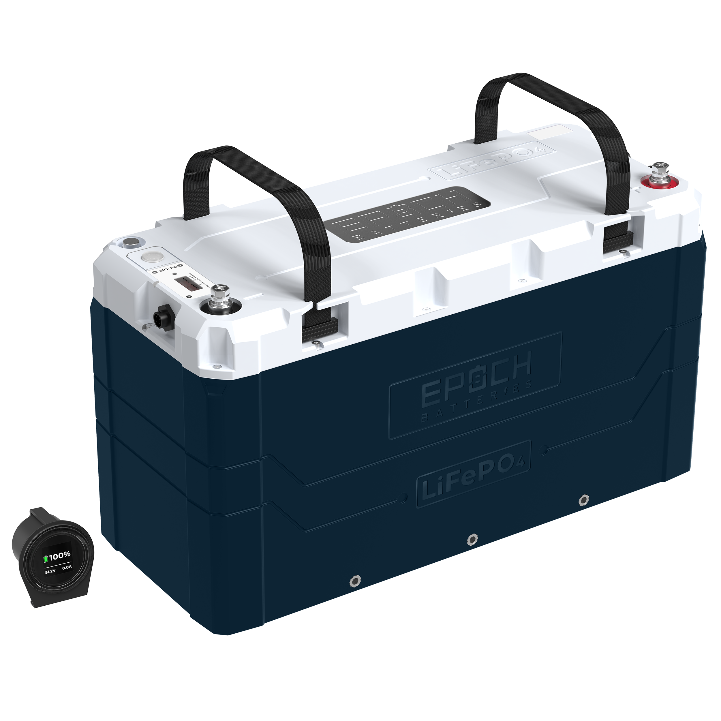 Blue and white battery pack with 'Epoch' branding on a white background
