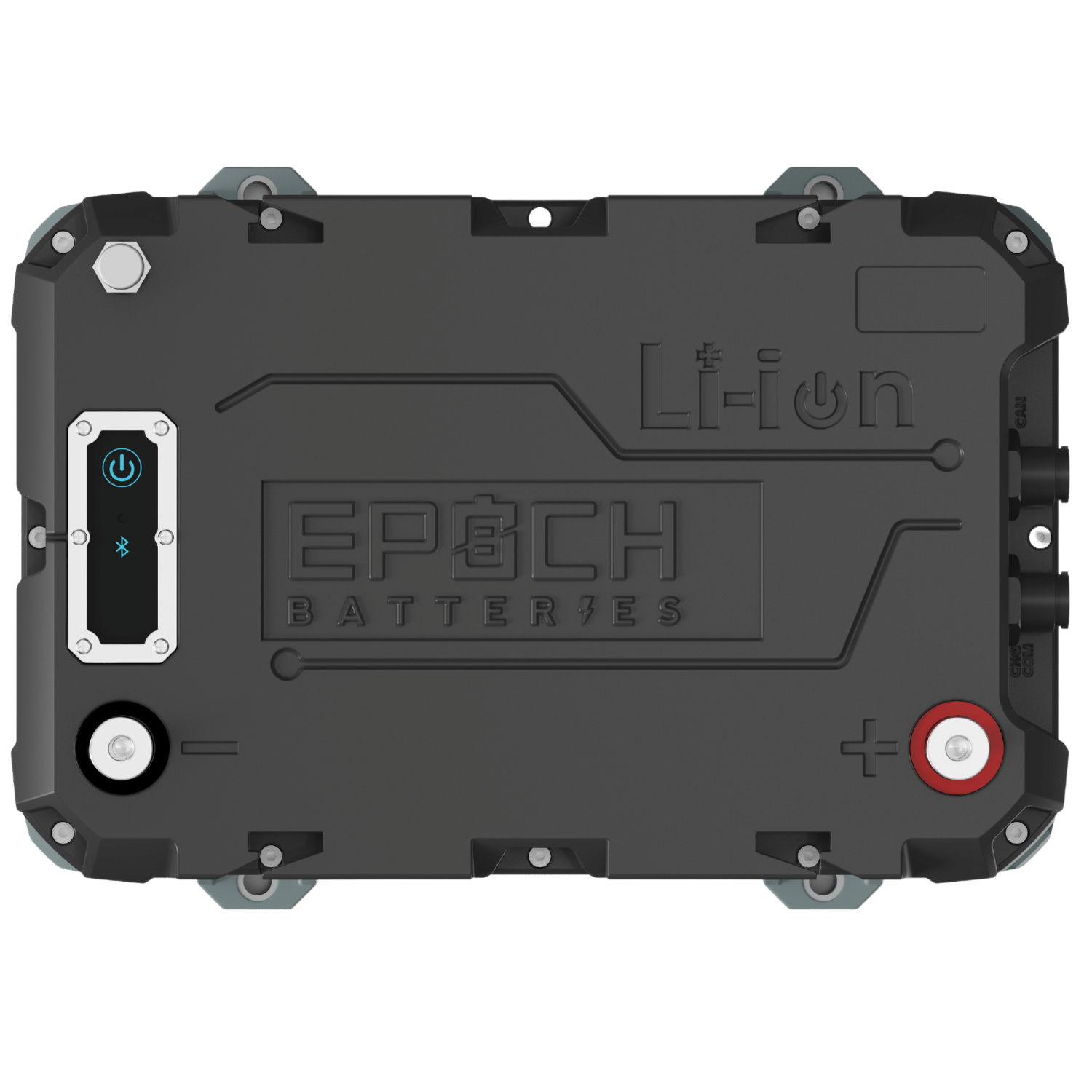 Back view of a black battery pack with 'Epoch Batteries' branding on a transparent background