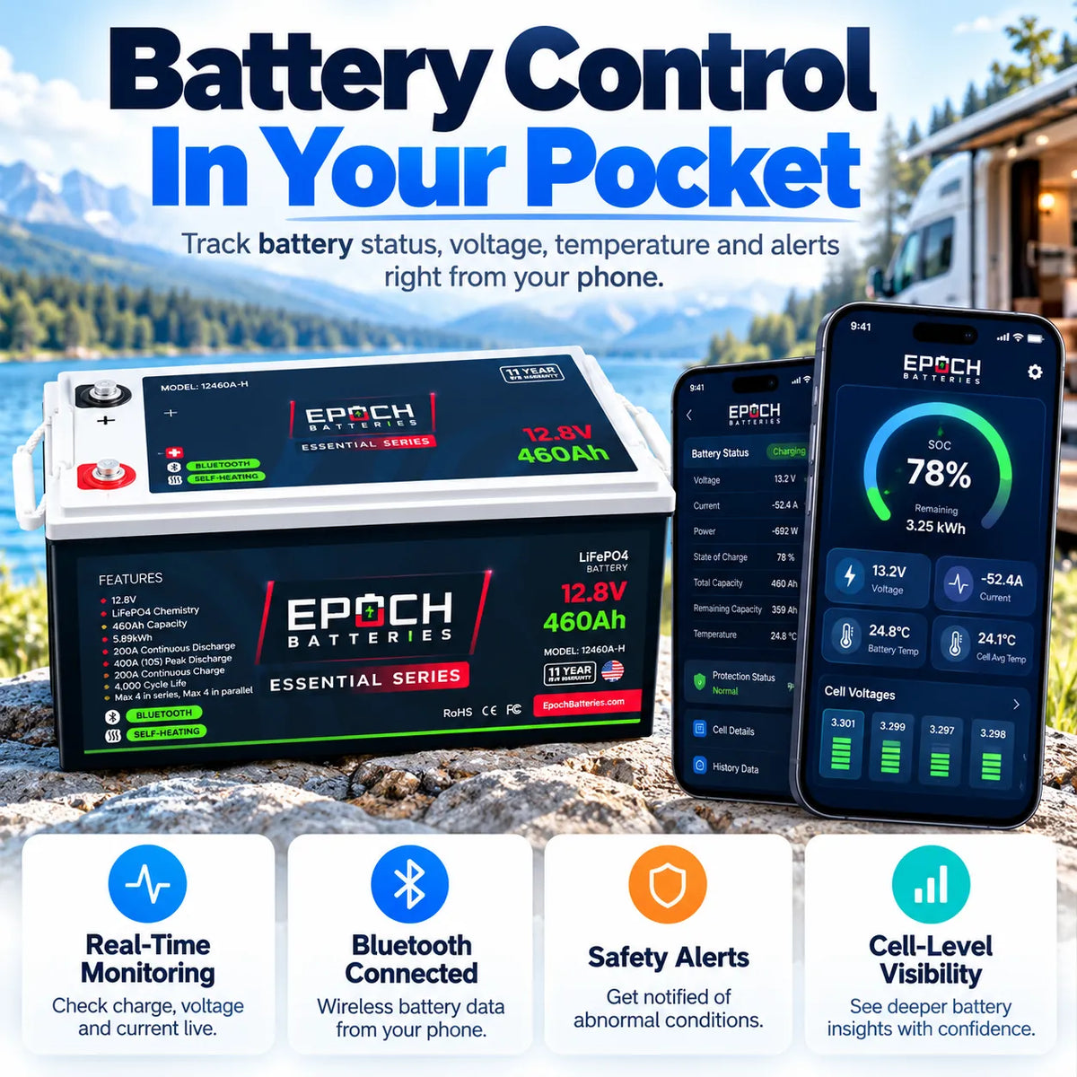 Epoch 12V 460Ah LiFePO4 Battery | Bluetooth Heated RV Marine | Essential Series