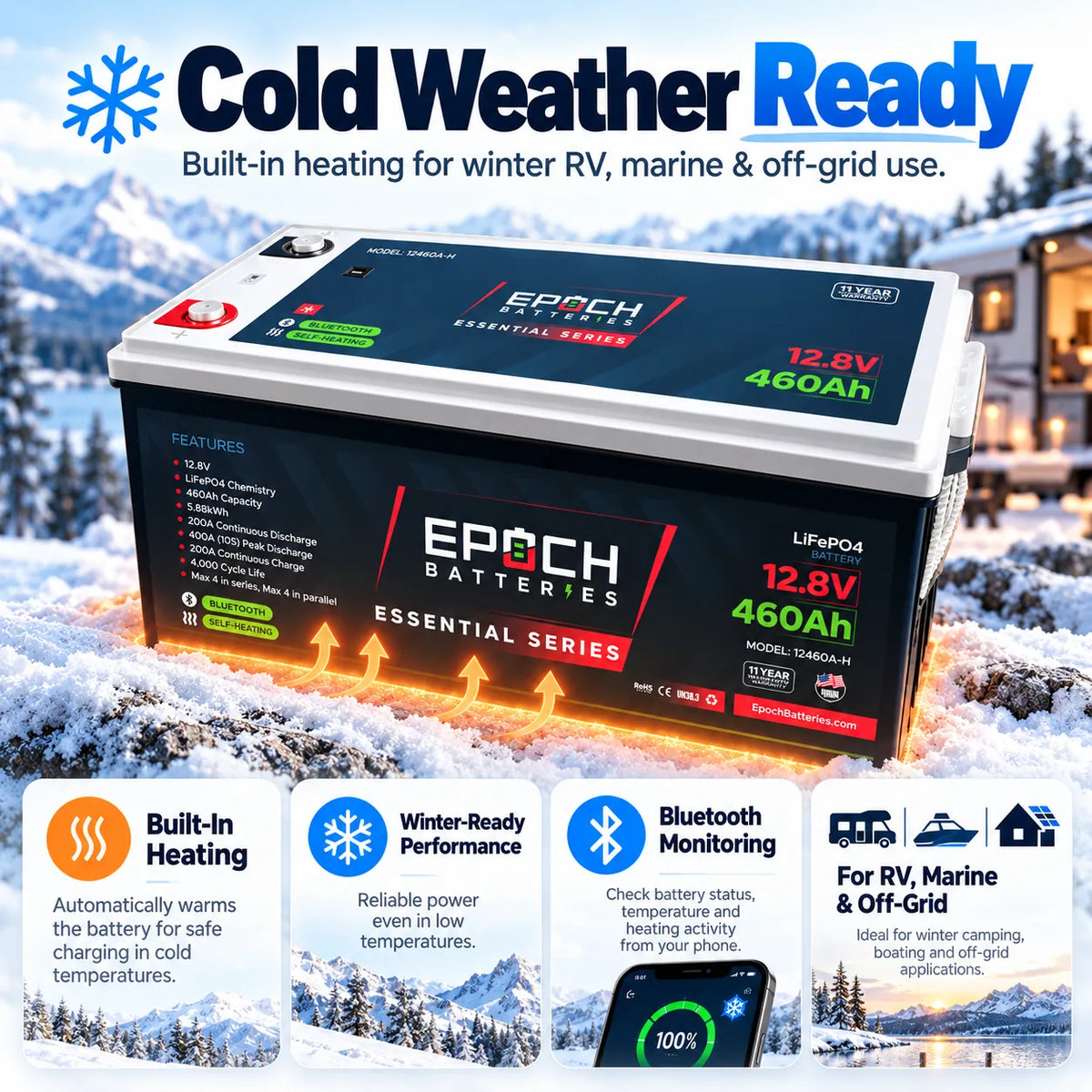 Epoch 12V 460Ah LiFePO4 Battery | Bluetooth Heated RV Marine | Essential Series