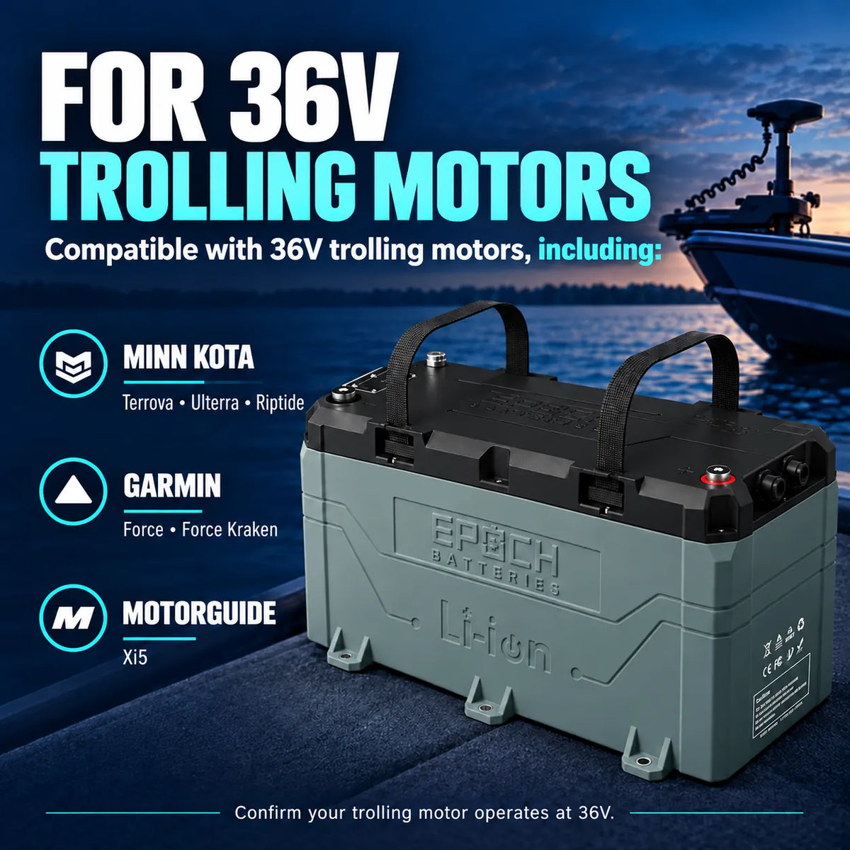 Epoch 36V 100Ah LiFePO4 Lithium Marine Battery Heated, Bluetooth, IP67 Waterproof | Minn Kota & Garmin Force Compatible