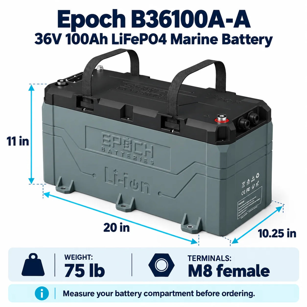 Epoch 36V 100Ah LiFePO4 Lithium Marine Battery Heated, Bluetooth, IP67 Waterproof | Minn Kota & Garmin Force Compatible