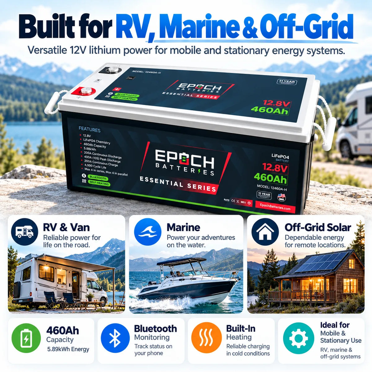 Epoch 12V 460Ah LiFePO4 Battery | Bluetooth Heated RV Marine | Essential Series
