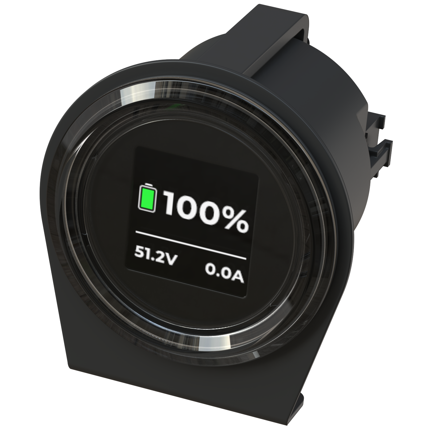Black electronic device with digital display showing 100% charge on a white background