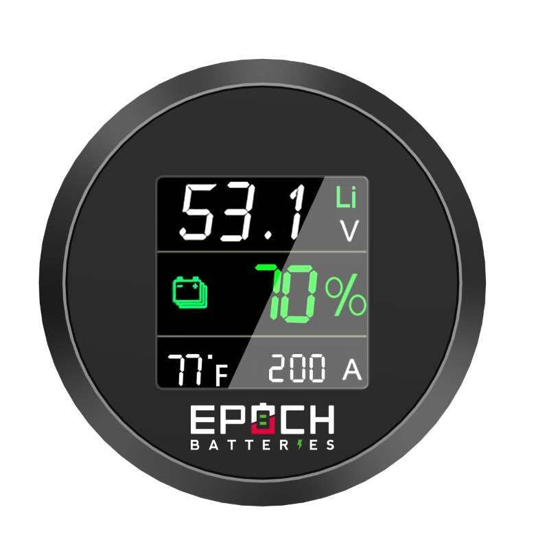 Digital gauge displaying battery voltage, state of charge, temperature, and current with 'Epoch Batteries' branding.