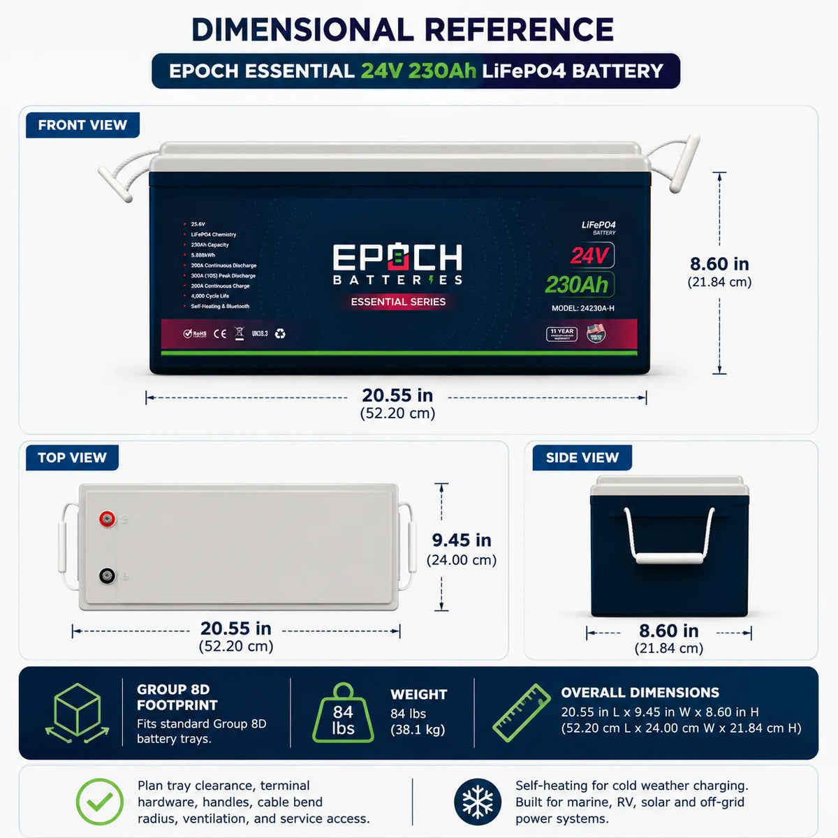 Epoch Essential Series 24V 230Ah Dimensions